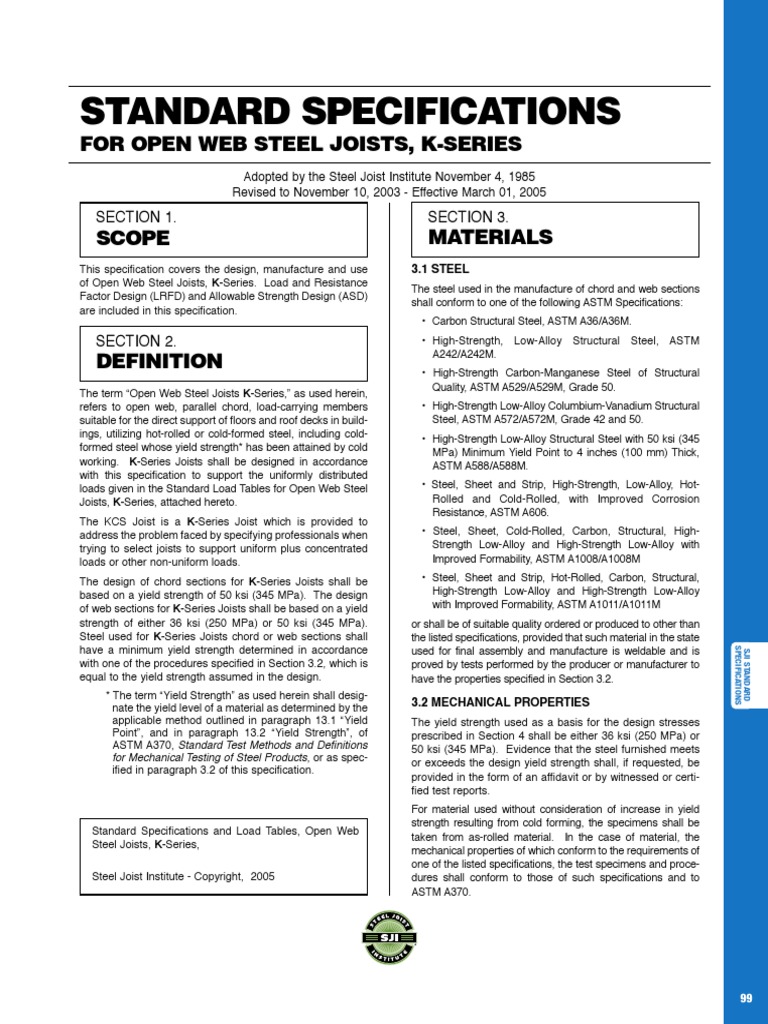 Standard Specifications For Open  Steel Joists, KSeries PDF