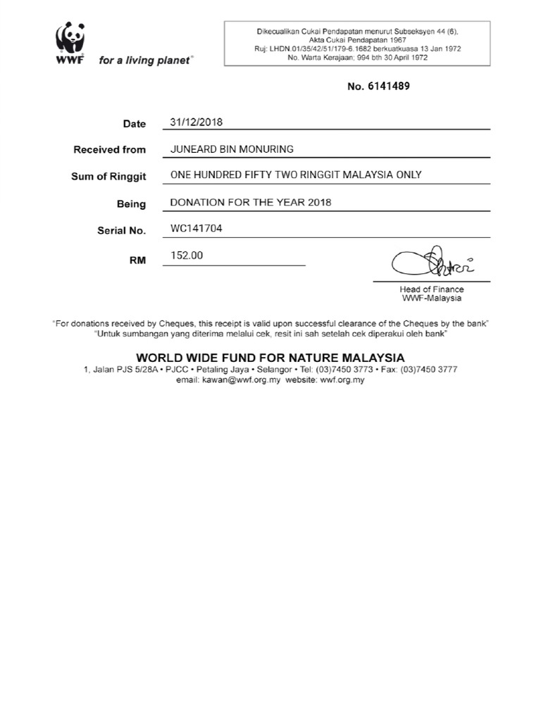 WWF-Malaysia Tax Receipt 2018 PDF | PDF