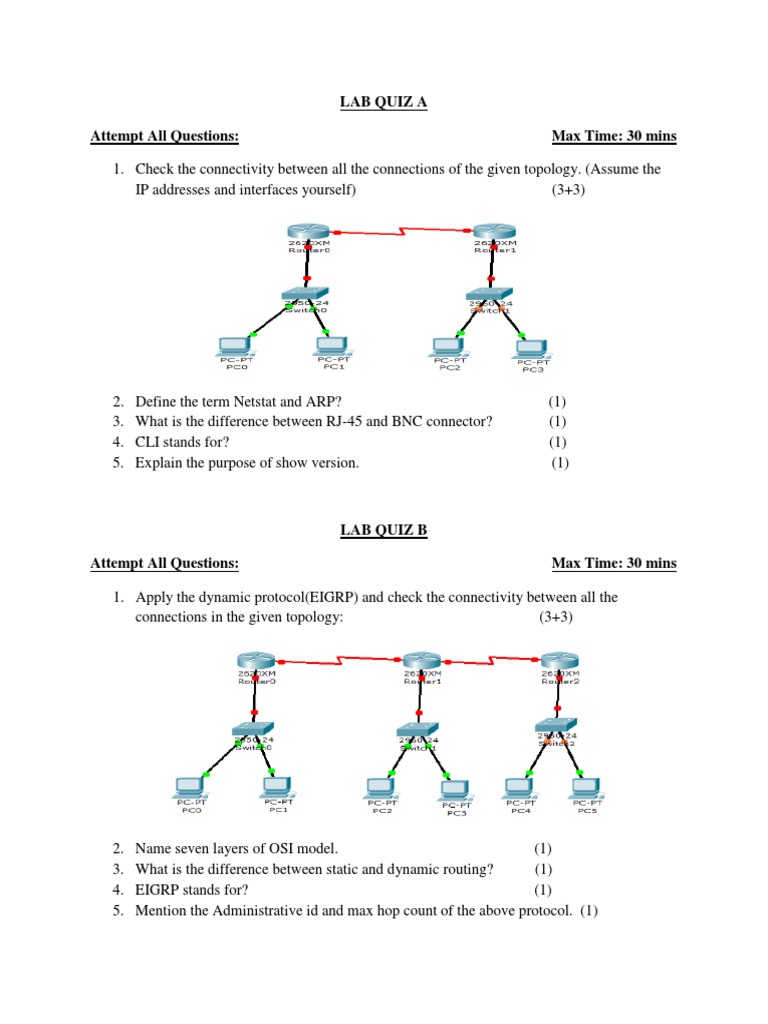Networking Lab Quizzes Connectivity Testing, Protocol Configuration