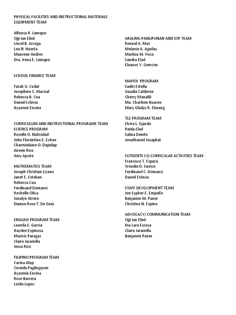 Physical Facilities and Instructional Materials Equipment Team PDF