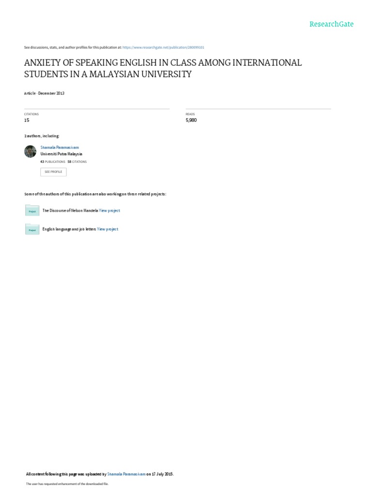 English Speaking Anxiety in Malaysian Students | PDF | Second Language ...
