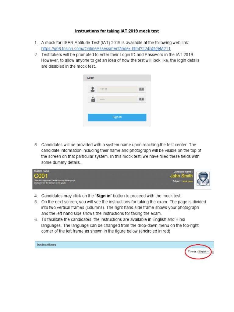 Instructions For Taking IAT 2019 Mock Test PDF Test (Assessment