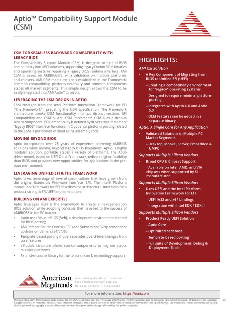 Aptio Compatibility Support Module Data Sheet PDF Bios Classes Of