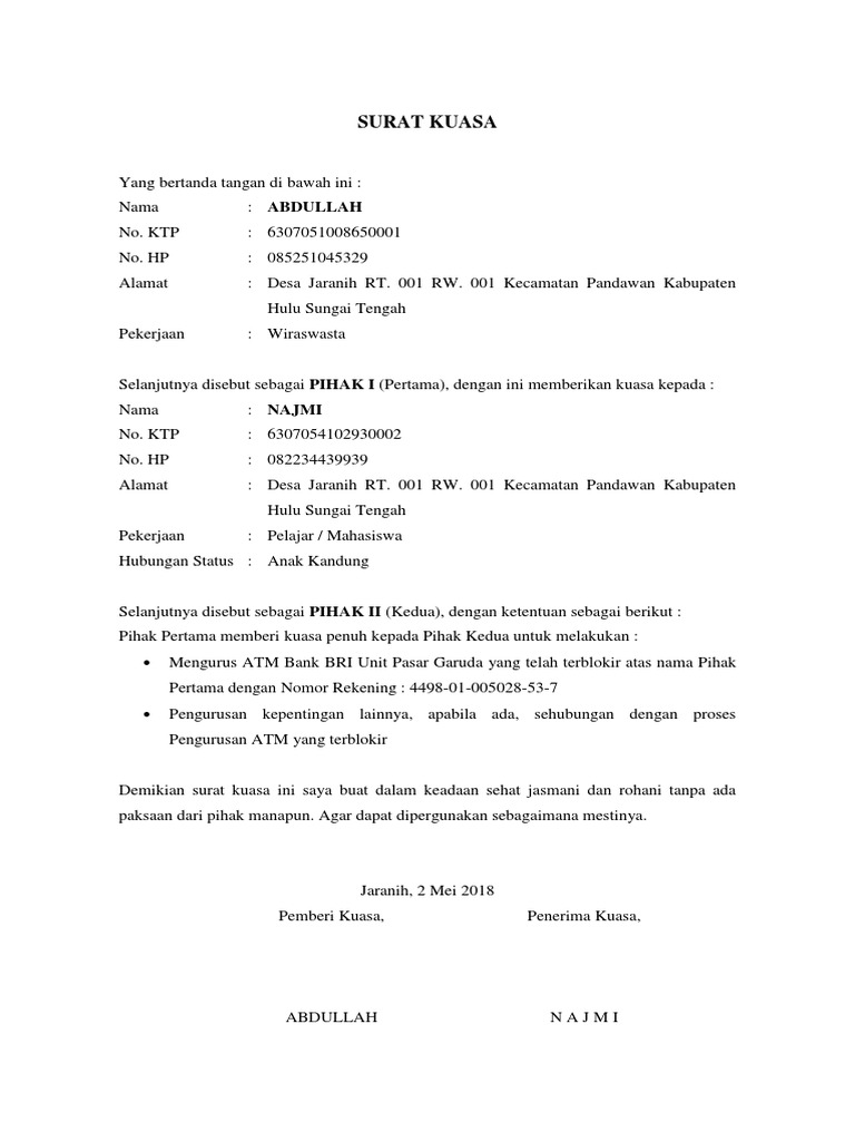 Surat Kuasa Atm Terblokir Pdf