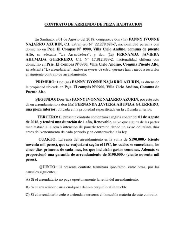 CONTRATO DE ARRIENDO DE PIEZA HABITACION.docx | Alquiler | Gobierno