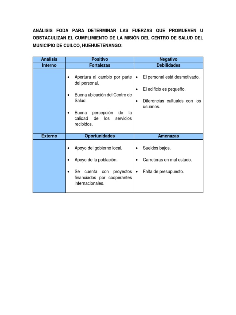 Analisis Foda | PDF | Análisis FODA | Cuidado de salud del gobierno