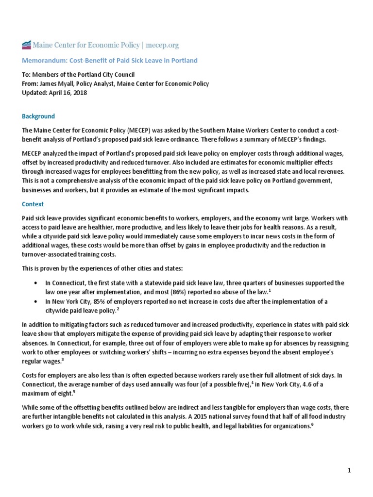 Paid Sick Leave Memo 1 Sick Leave Employee Benefits