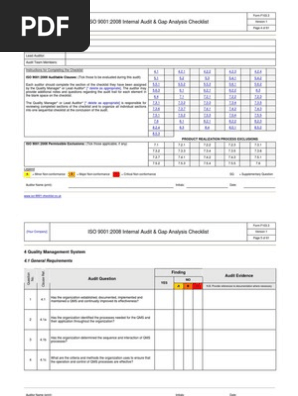 Internal Audit Checklist Example Quality Management System Iso 9000