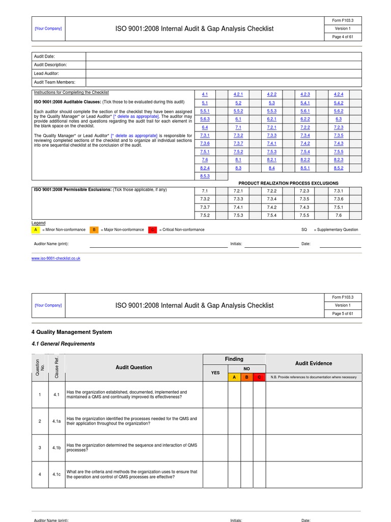 Iso 9001 Internal Audit Checklist Xls - gigapalon