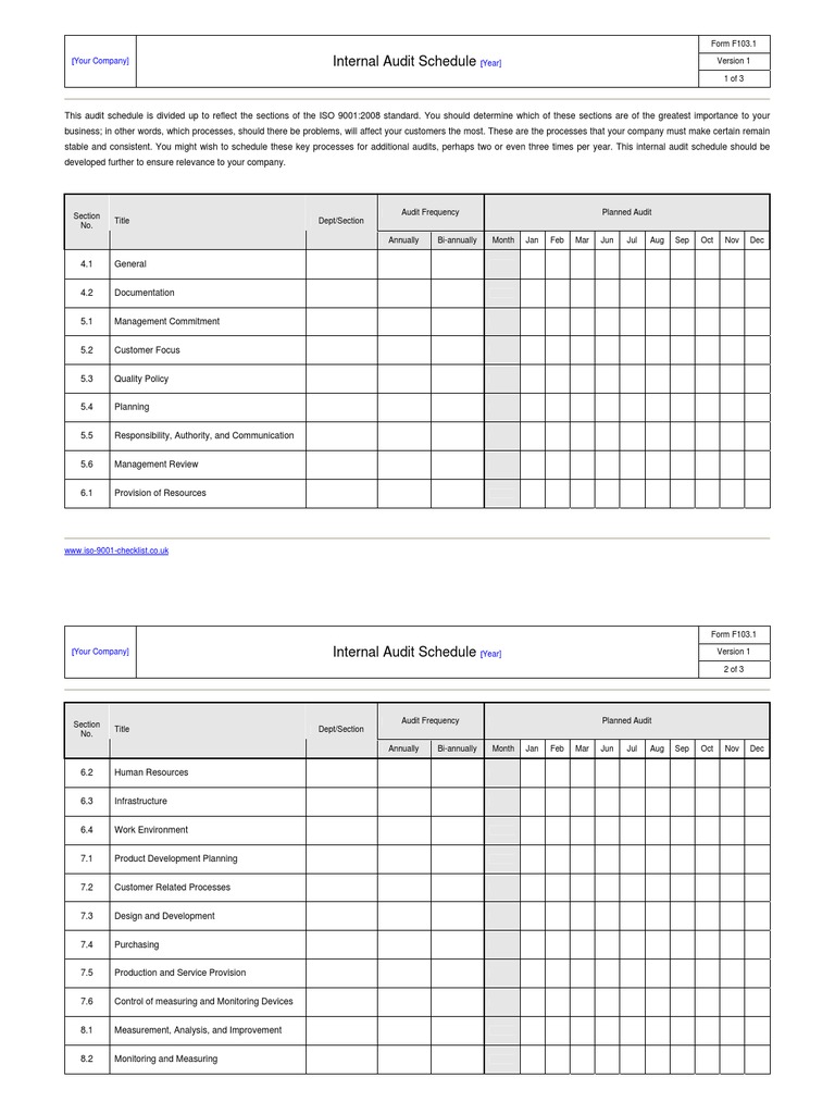 Internal Audit Schedule Example | PDF | Iso 9000 | Internal Audit