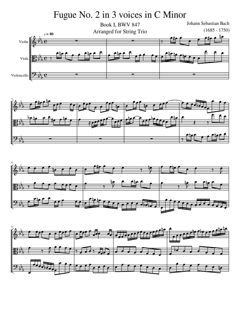 Bach BWV 847 Fugue No. 2 in 3 Voices in C Minor-Score and Parts
