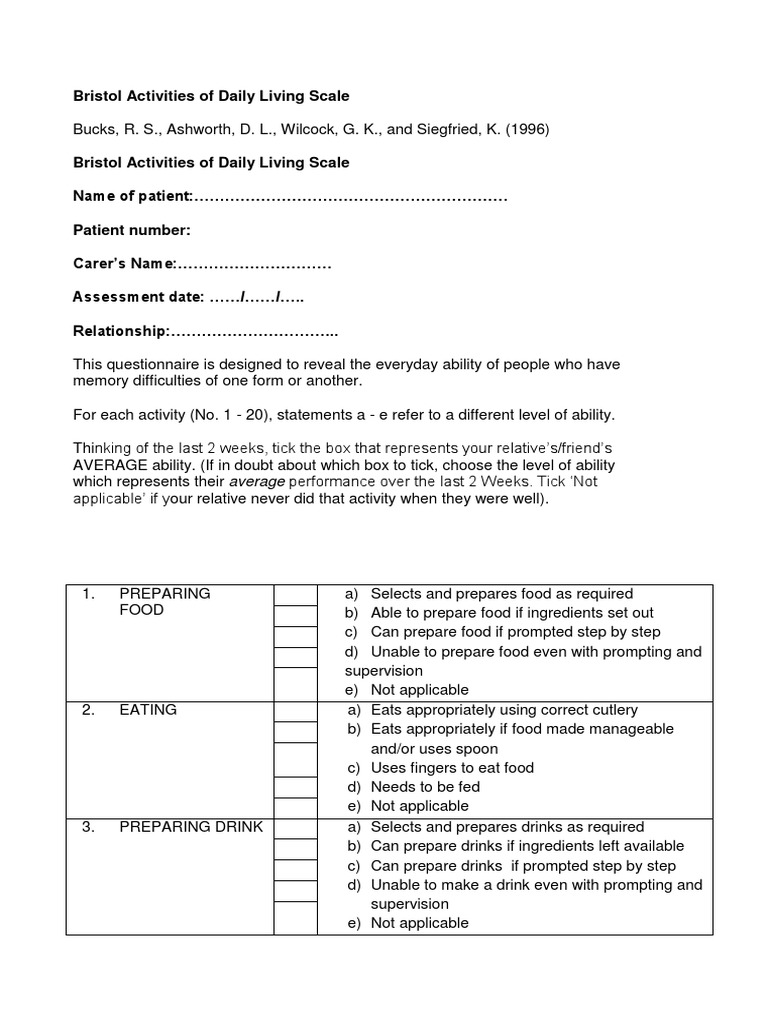 Bristol Activities of Daily Living Scale | PDF | Hygiene | Money