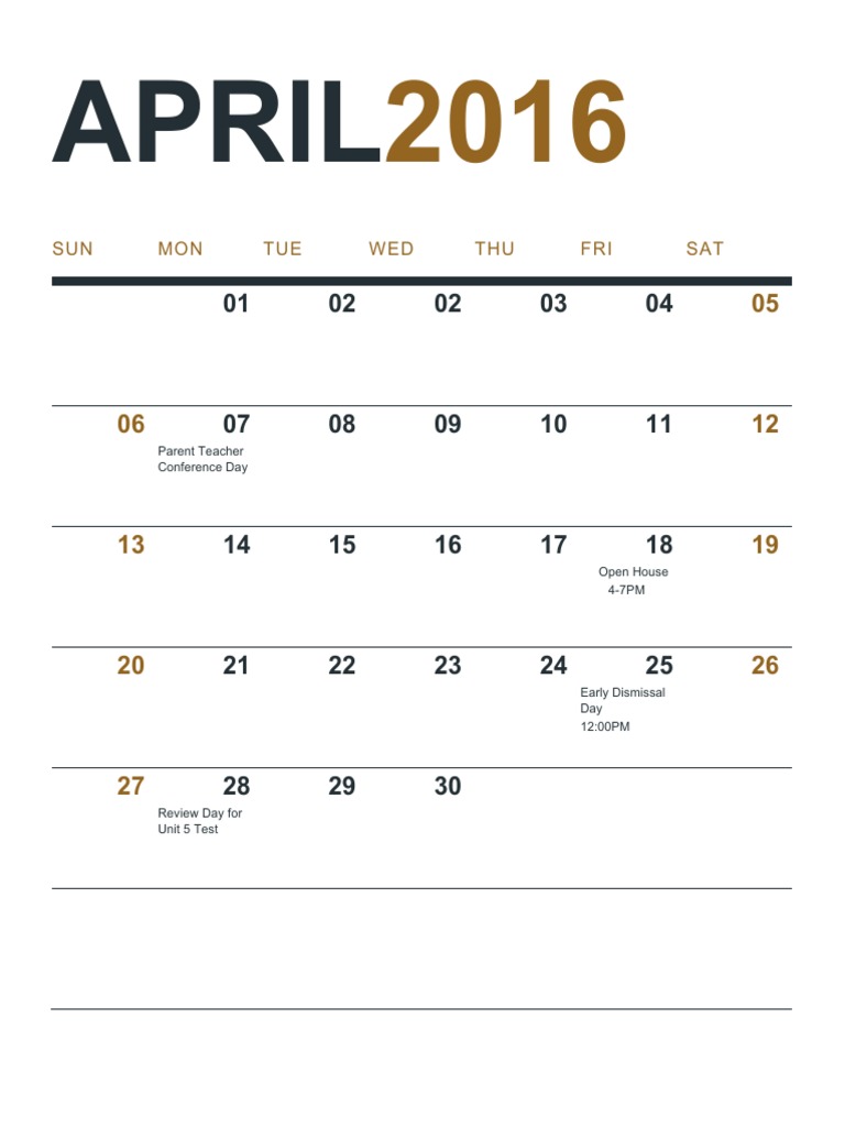 April 2016 School Calendar Events | PDF