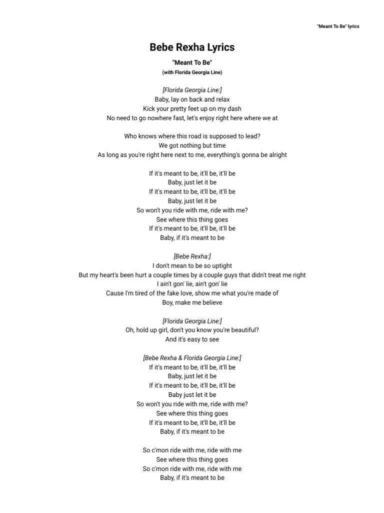 Bebe Rexha Meant To Be Lyrics Pdf American Musicians