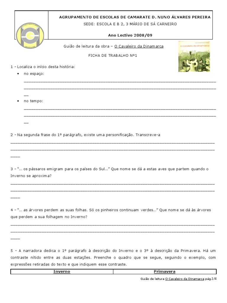 O Cavaleiro Da Dinamarca Ficha De Trabalho Com Soluções
