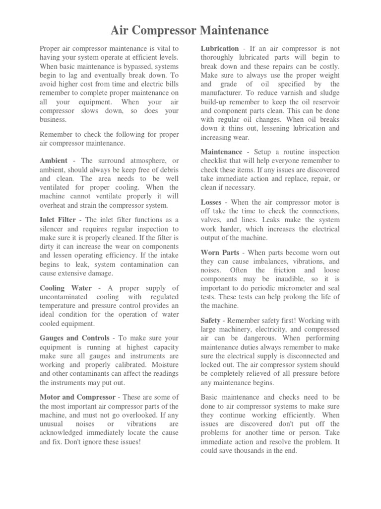 Air Compressor Maintenance Checklist | PDF | Motor Oil | Gas Technologies