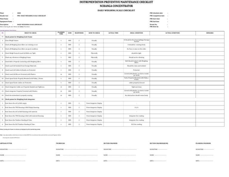 Daily Weighing Scale Maintenance Checklist | PDF | Belt (Mechanical ...
