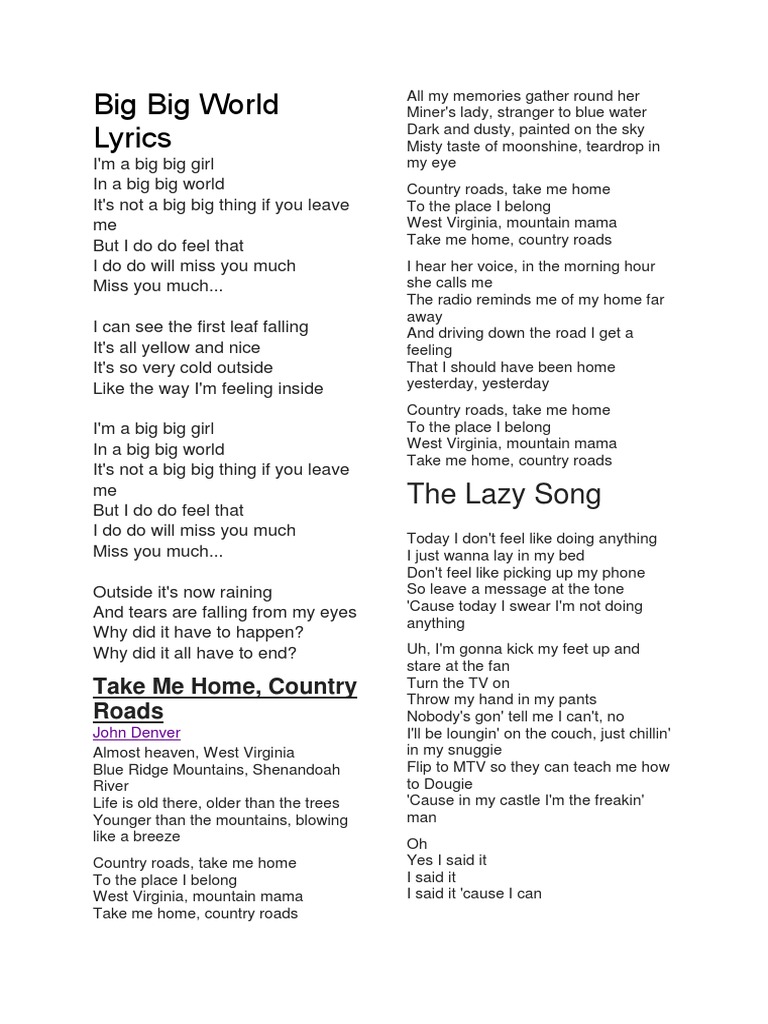 Big Big World Lyrics Leisure