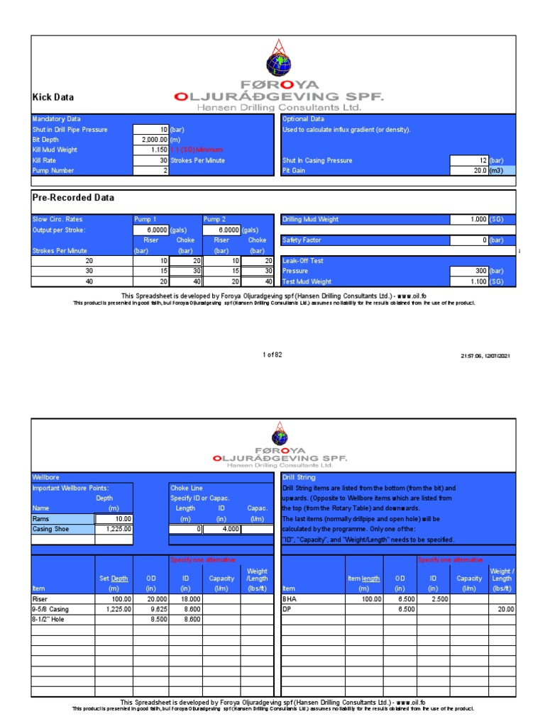 Well Control Kill Sheet Overview | PDF | Casing (Borehole) | Pascal (Unit)