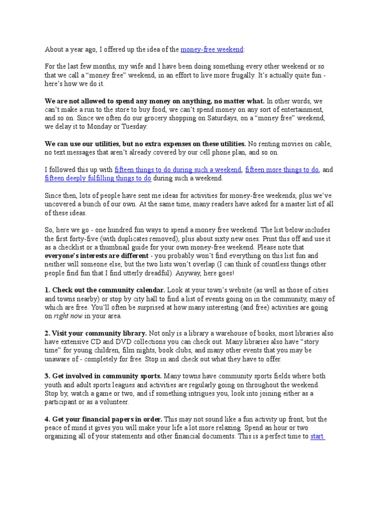 100 Things To Do During A Money Free Weekend | PDF | Knife | Thought