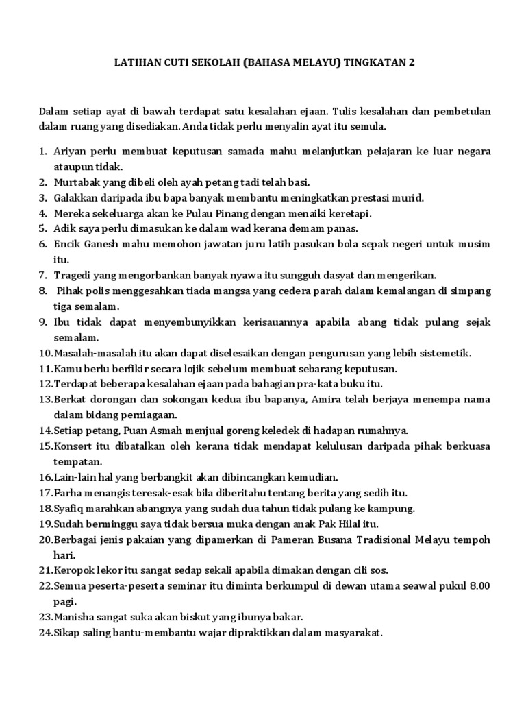 Latihan Cuti Sekolah Tatabahasa Bahasa Melayu Tingkatan 2