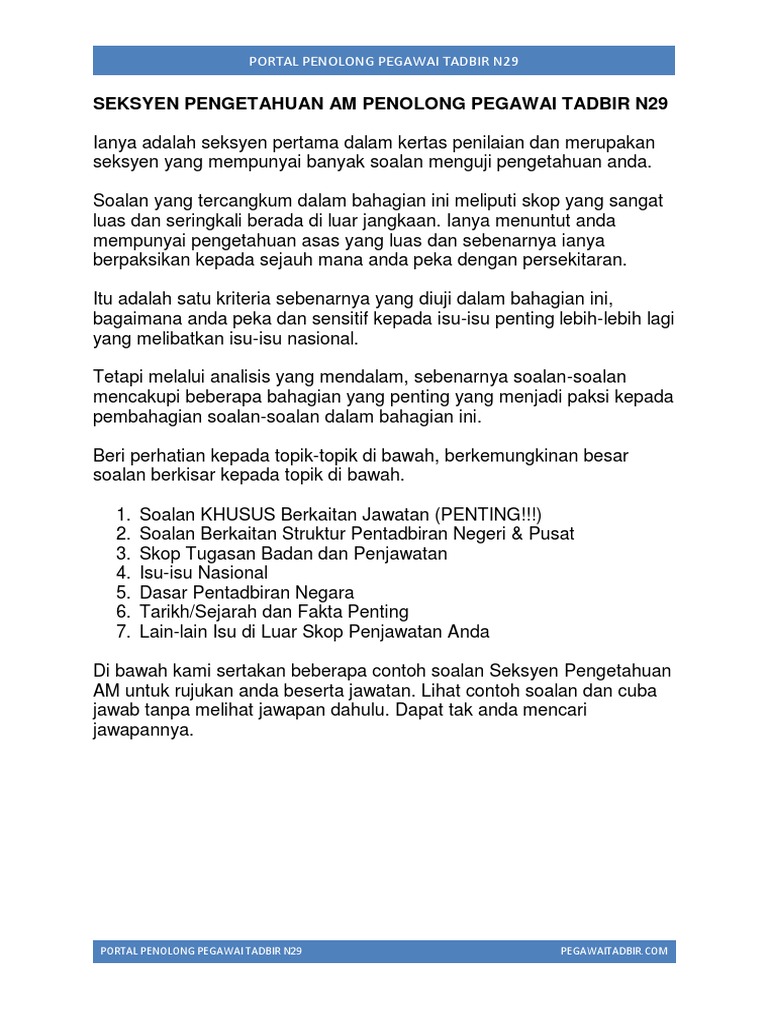 Seksyen Pengetahuan Am Penolong Pegawai Tadbir N29 Pdf