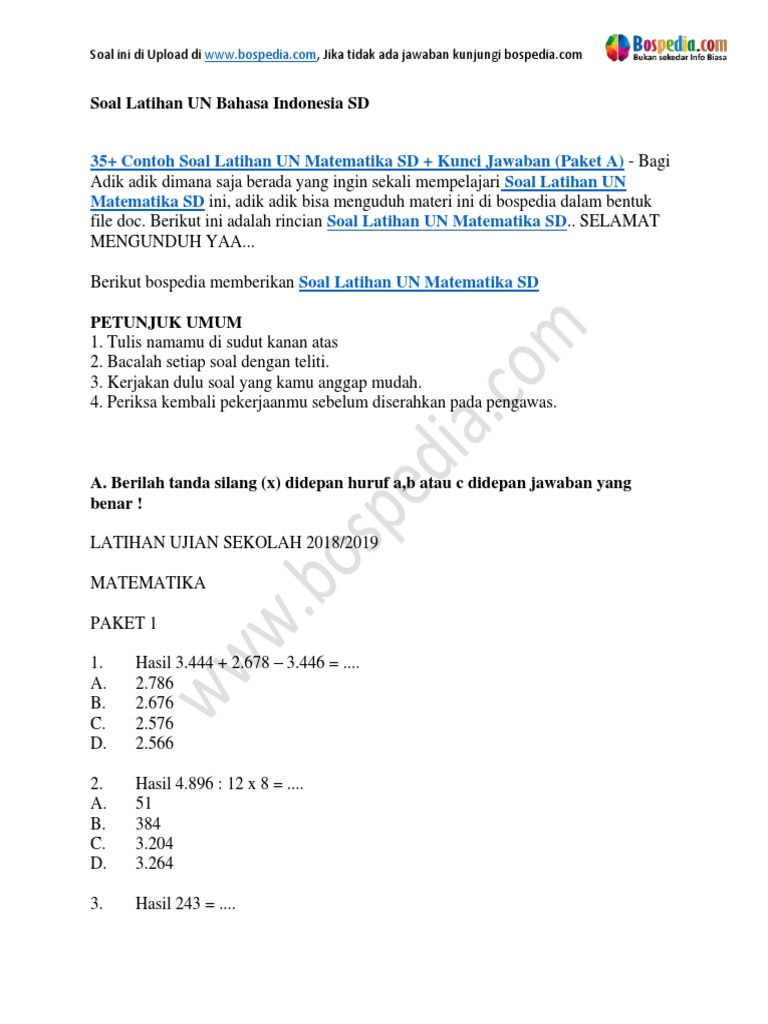 35 Contoh Soal Latihan Un Matematika Sd Kunci Jawaban Paket A Pdf