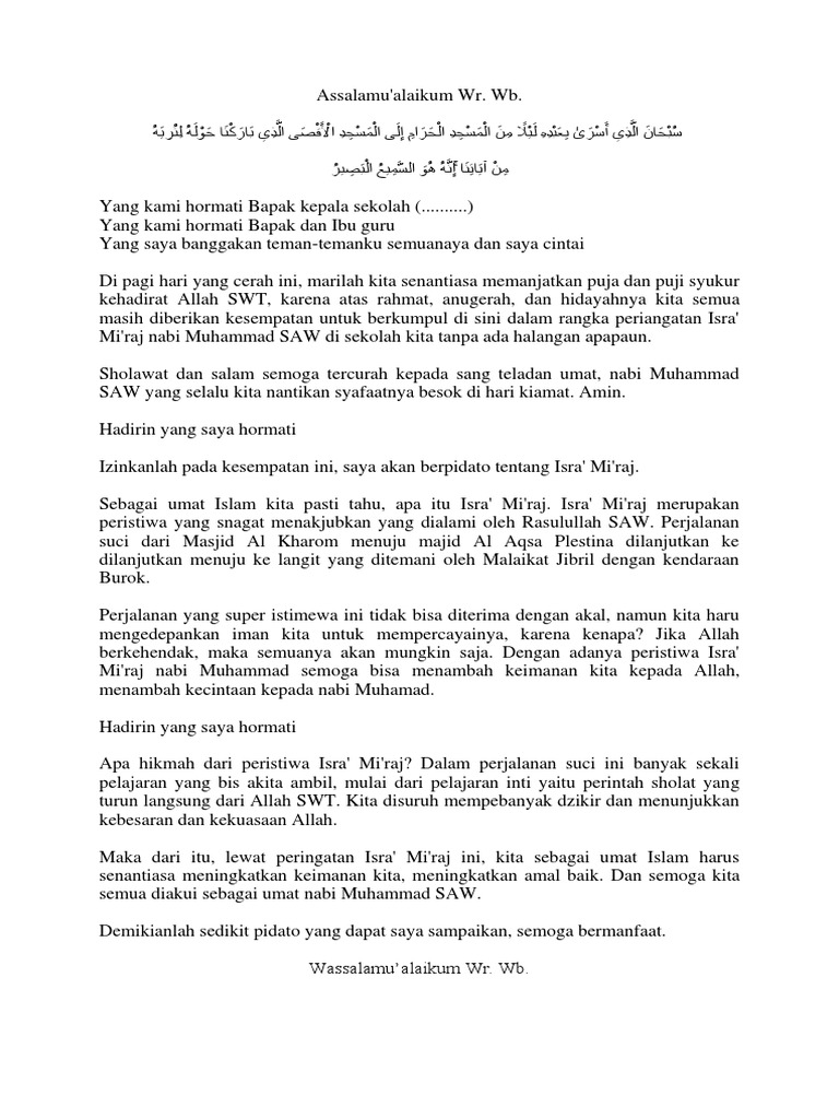 Contoh Pidato Isra Mi Raj Di Sekolah Singkat Docx