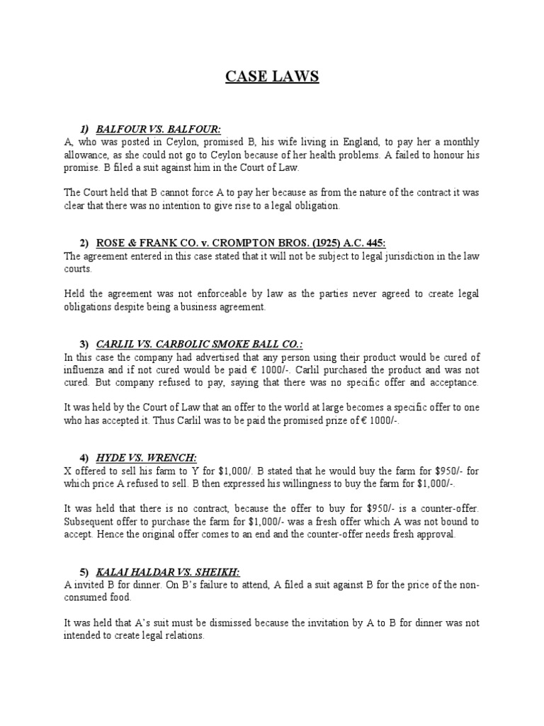 Case Laws 1) Balfour vs. Balfour PDF Offer And Acceptance Void (Law)
