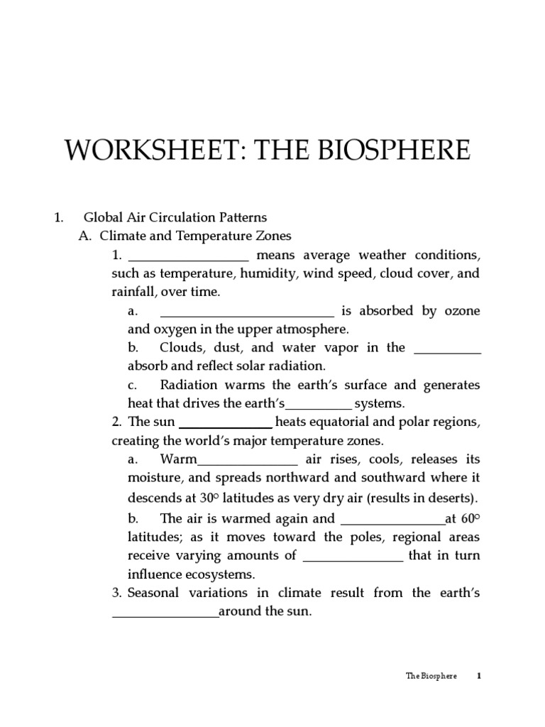 Worksheet Biosphere