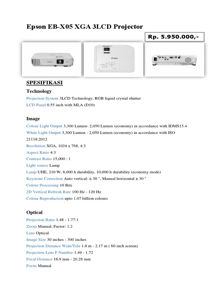 Epson EB-X05 Projector Specifications | PDF | Computers | Technology ...