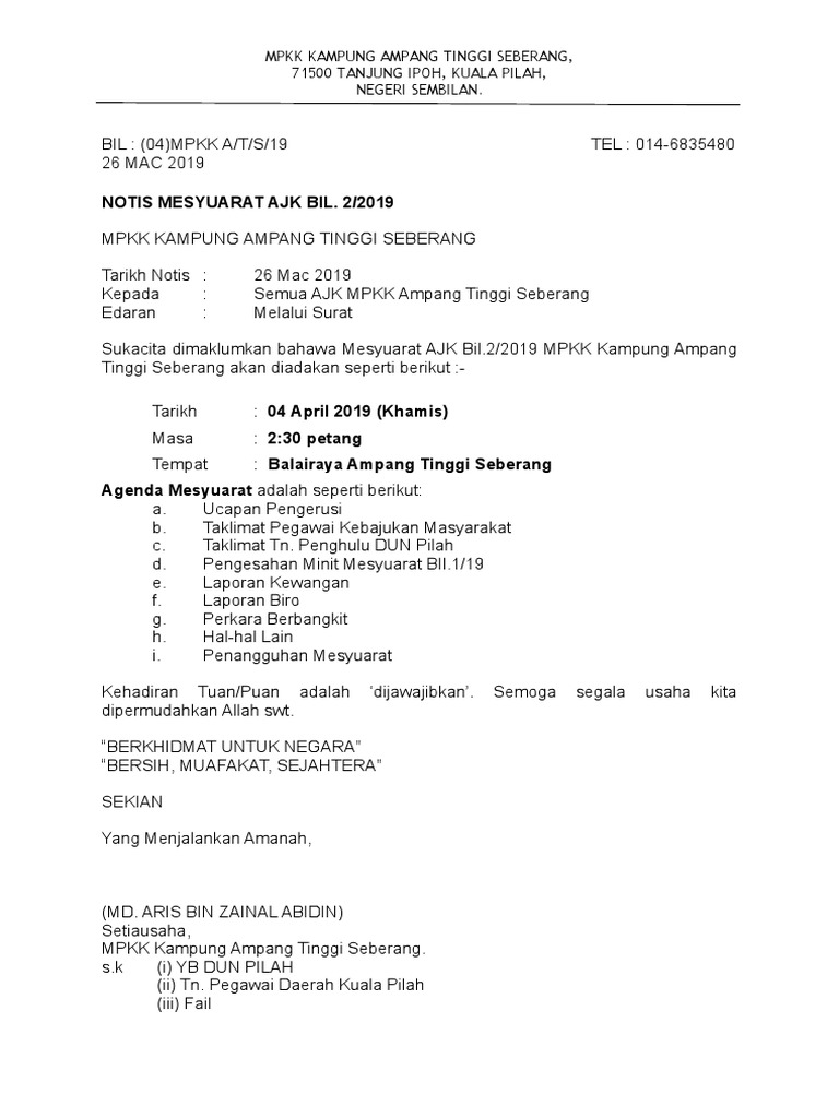 Contoh Surat Sokongan Untuk Perniagaan Jkkk Ketua Kampung