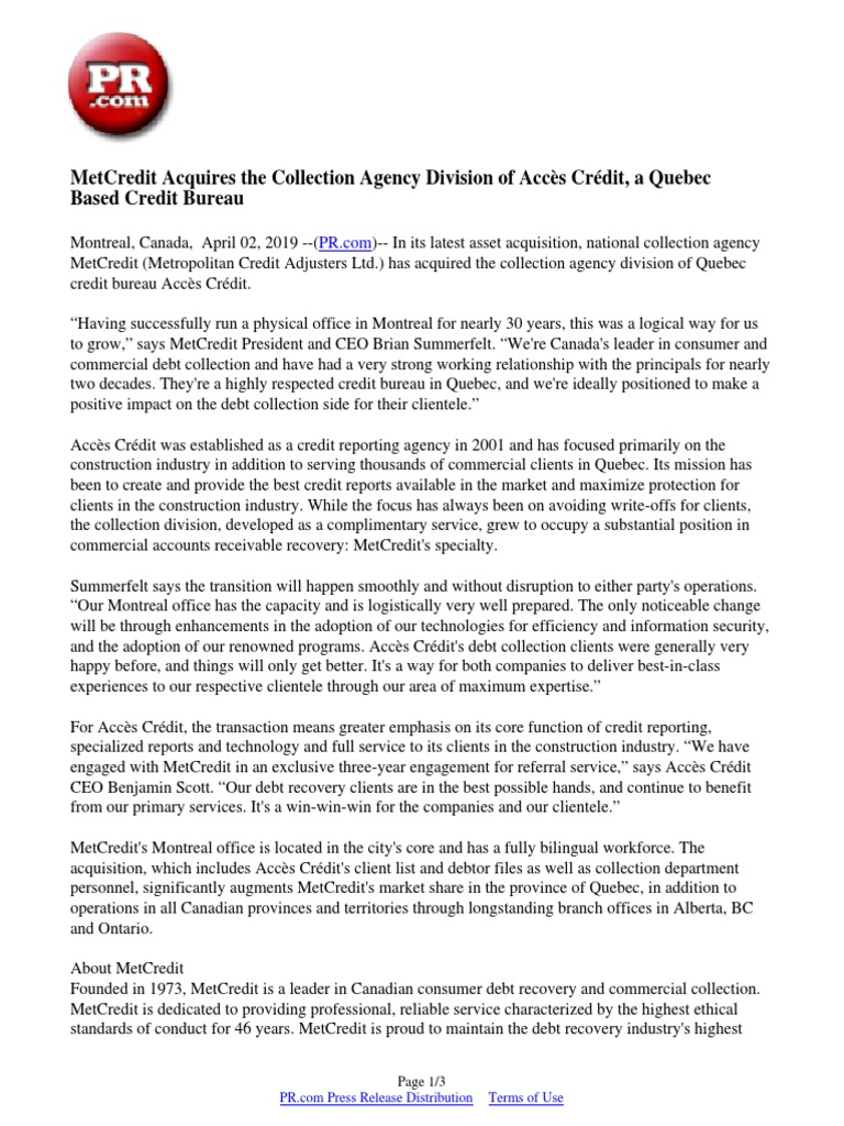 MetCredit Acquires The Collection Agency Division of Accès Crédit, A ...