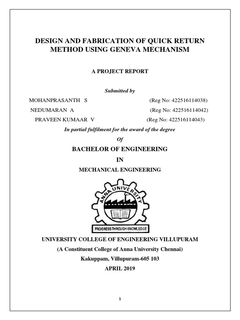 Design and Fabrication of Quick Return Method Using Geneva Mechanism ...