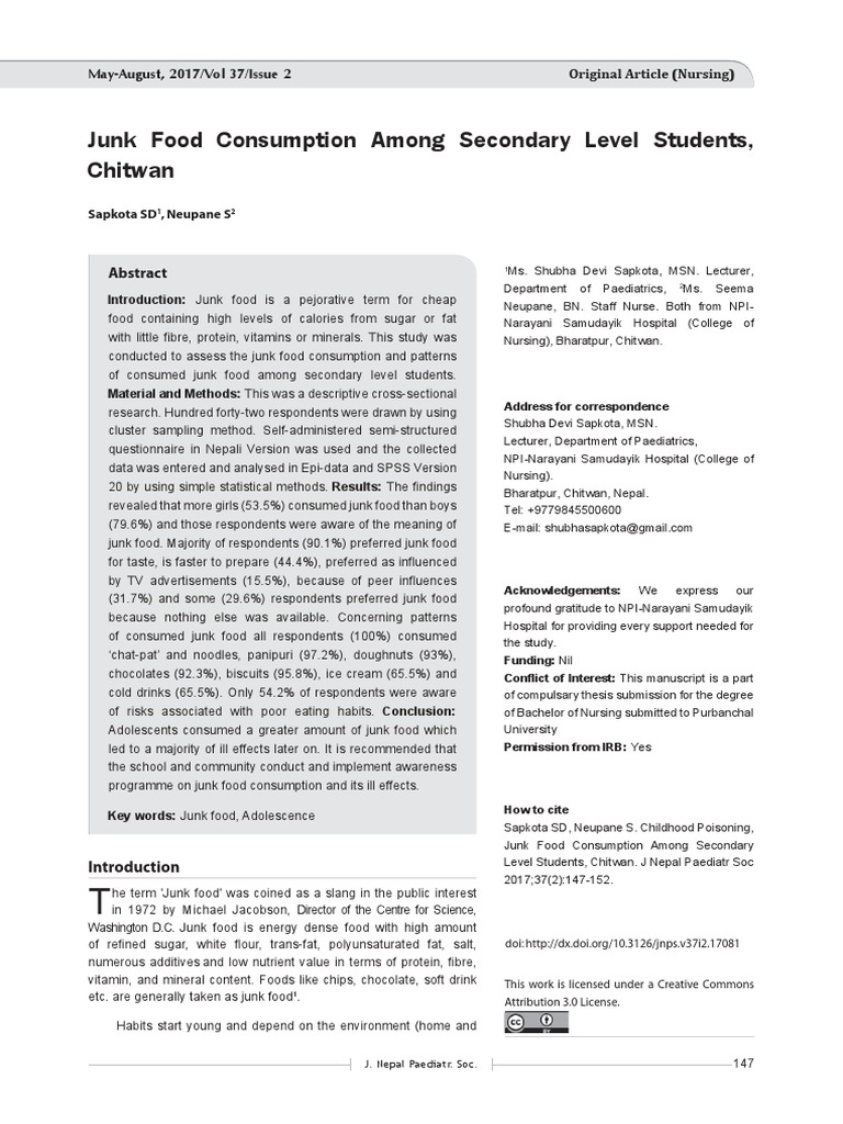 Junk Food Consumption Among Secondary Level Studen | PDF | Junk Food ...