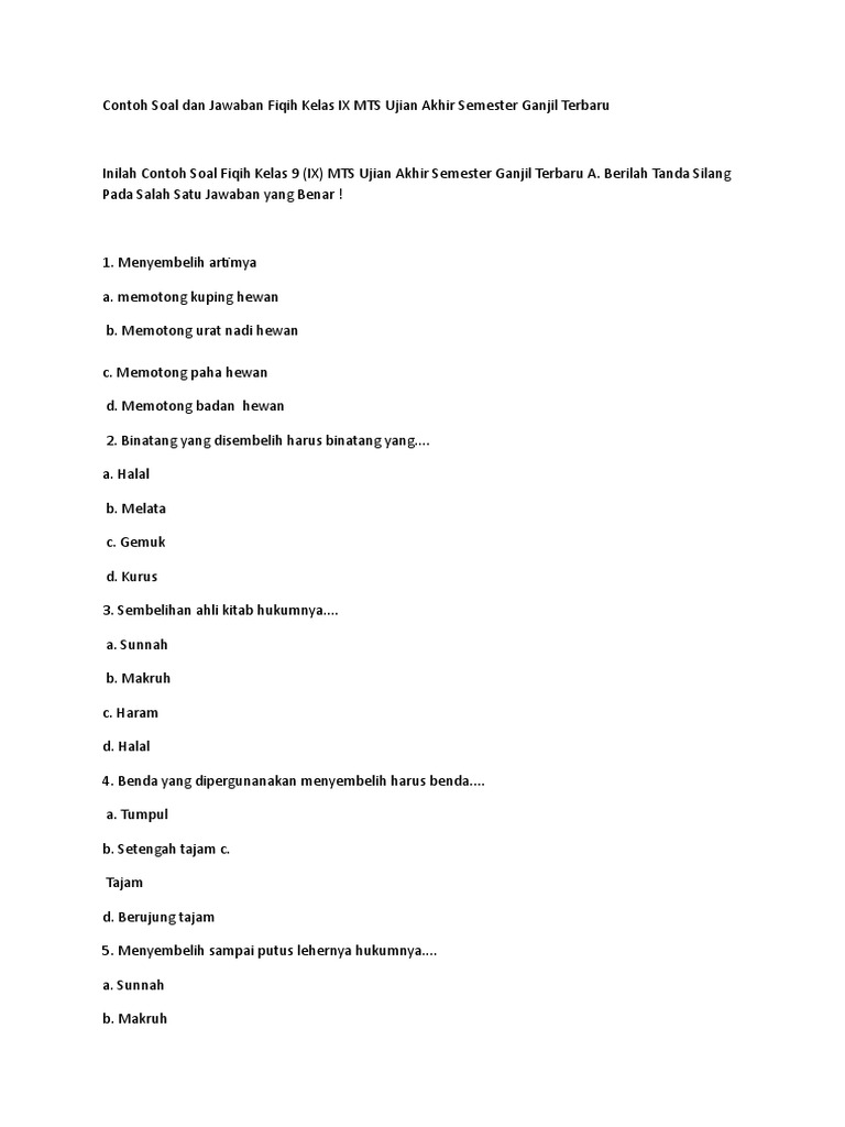 Contoh Soal Dan Jawaban Fiqih Kelas Ix Mts Ujian Akhir Semester Ganjil Terbaru Pdf