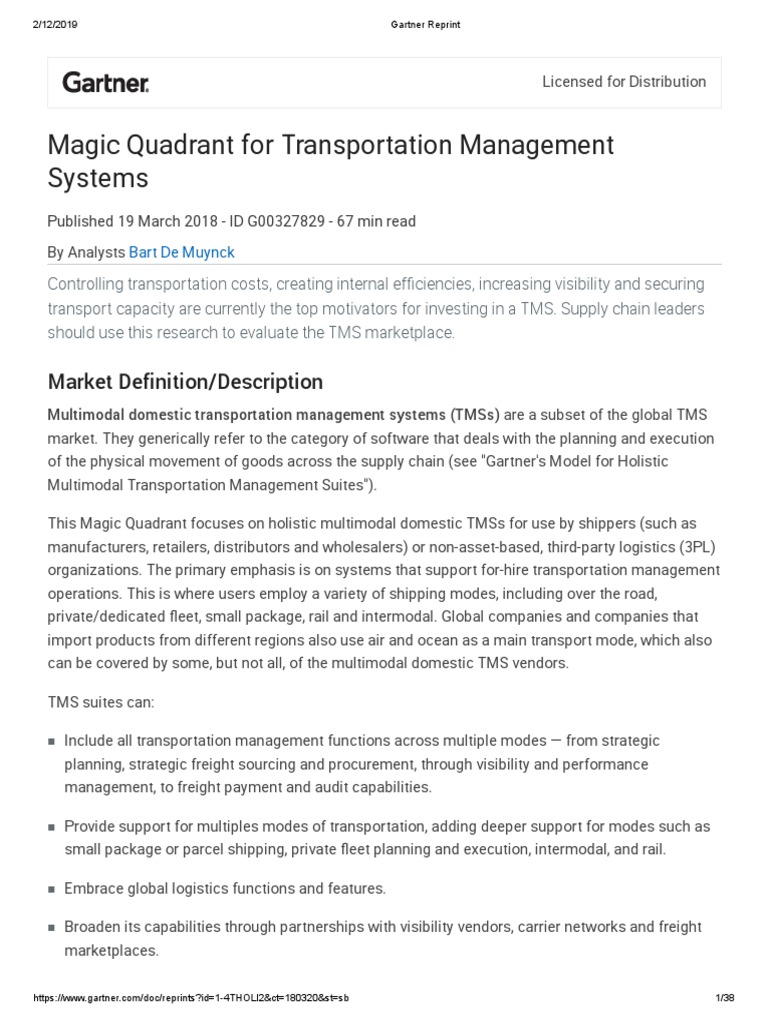 Gartner Magic Quadrants For TMS PDF Sap Se Cargo