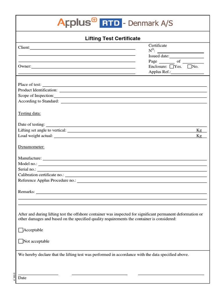 Offshore Container Lifting Test Certificate | PDF