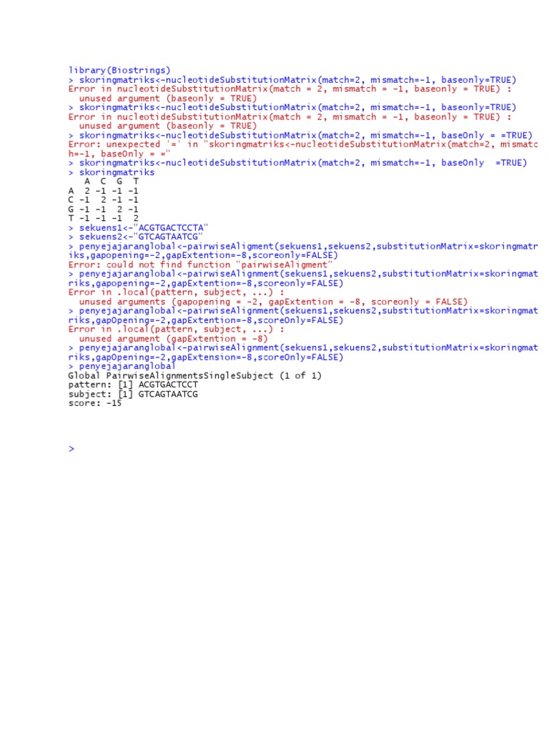R Biostrings Pairwise Alignment Errors | PDF