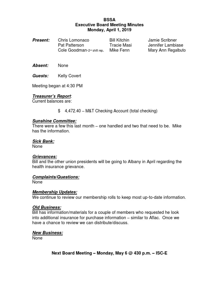 Bssa Meeting Minutes - April 2019 | PDF