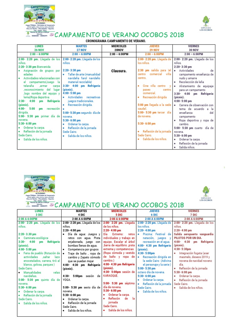 Cronograma de Actividades Campamento de Verano Ocio Deportes