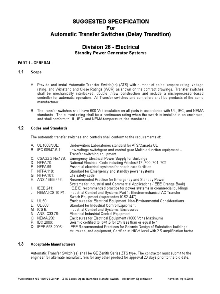 Suggested Specification For Automatic Transfer Switches (Delay Transition) Division 26