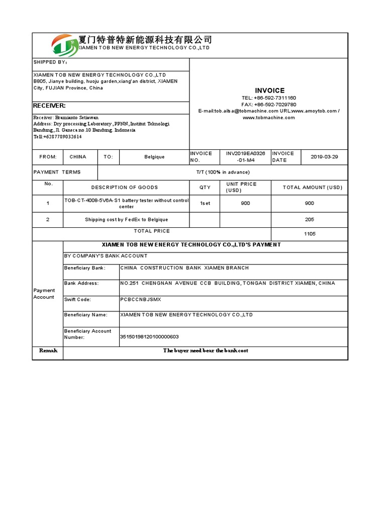 TOB Battery Invoice to Belgique | PDF | Market (Economics) | Economies