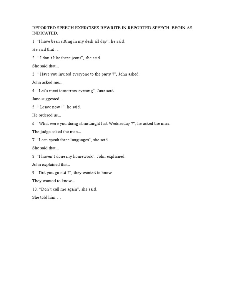 Reported Speech Rewrite Exercises | PDF