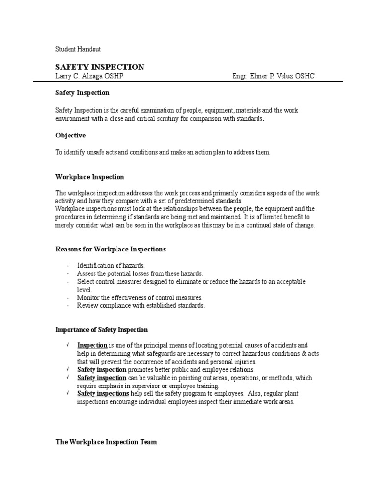 Day 3 Safety Inspections (Handout) PDF Hazards Safety