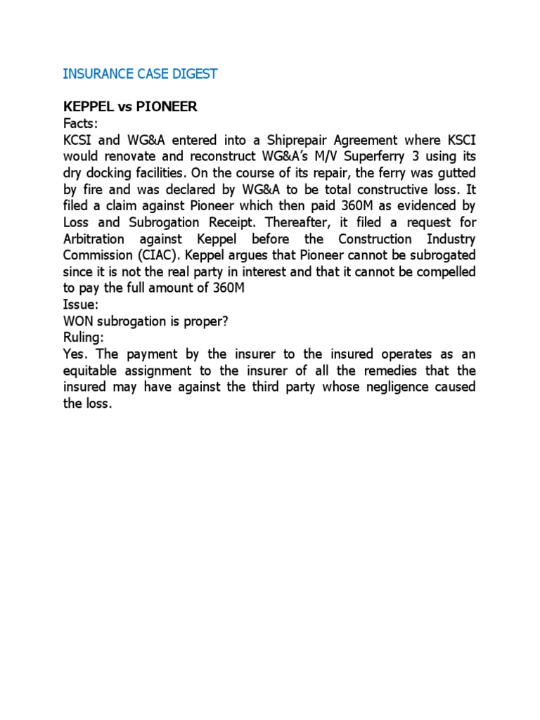 Keppel Vs Pioneer Insurance Case Digest PDF
