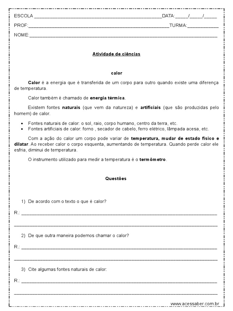 Atividade sobre Calor e Temperatura 4º Ano | PDF | Calor | Termômetro