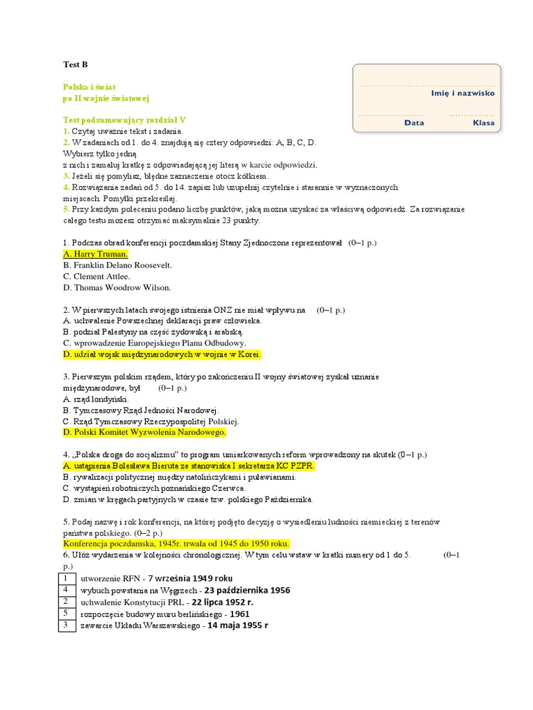 świat Po 2 Wojnie światowej Sprawdzian Klasa 8 Pdf