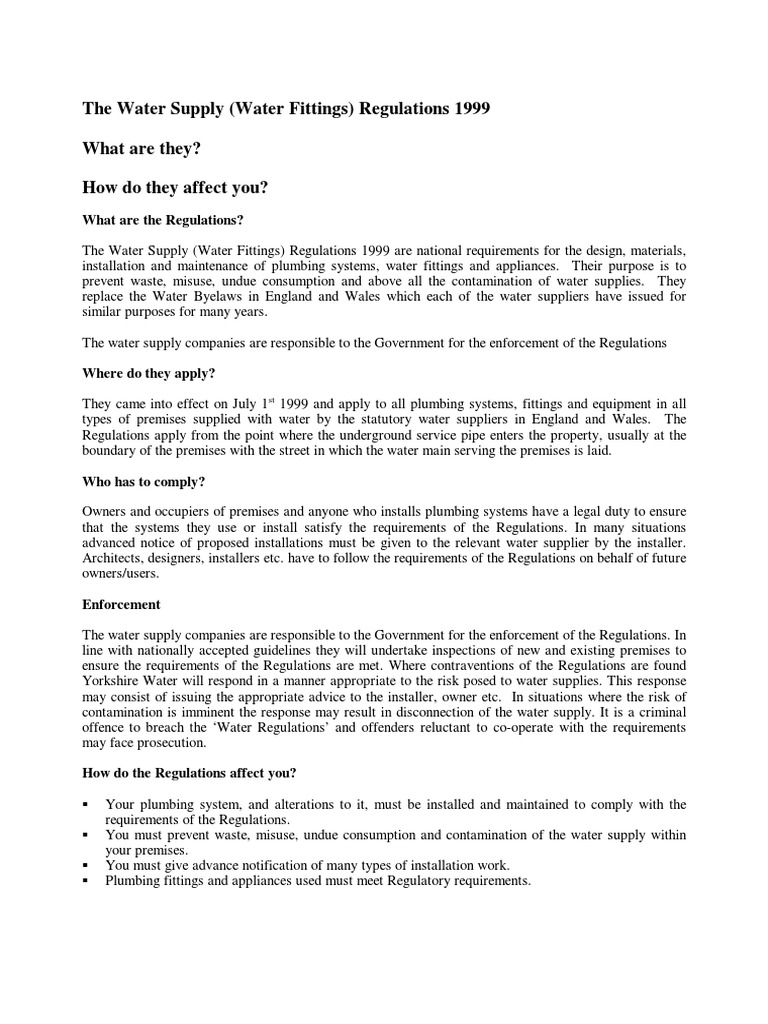 Water Regulations 1999 Summary PDF Plumbing Water Supply