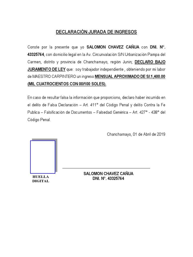 Modelo De Declaracion De Ingresos Personales Finanzas Personales,